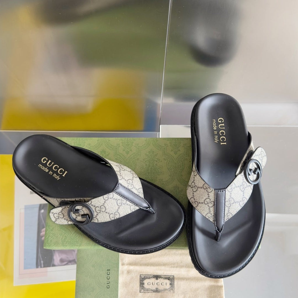 Gucci Monogram Thong Sandals - Black and Beige Monogram