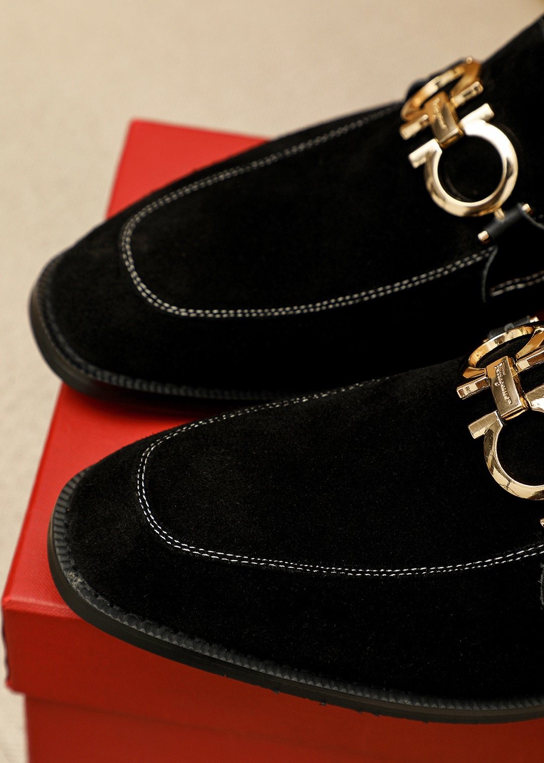 Ferragamo Black Suede Hardware Loafers